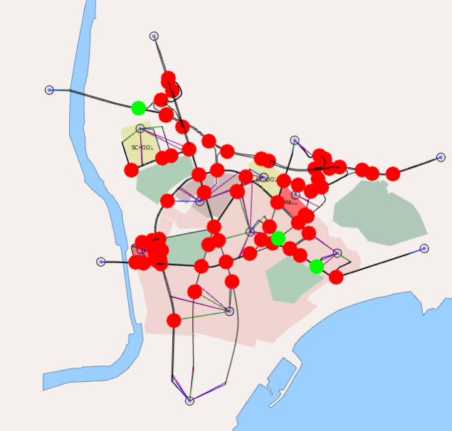 Mapa do Aimsun Next destacando nós sem informação de controle semafórico